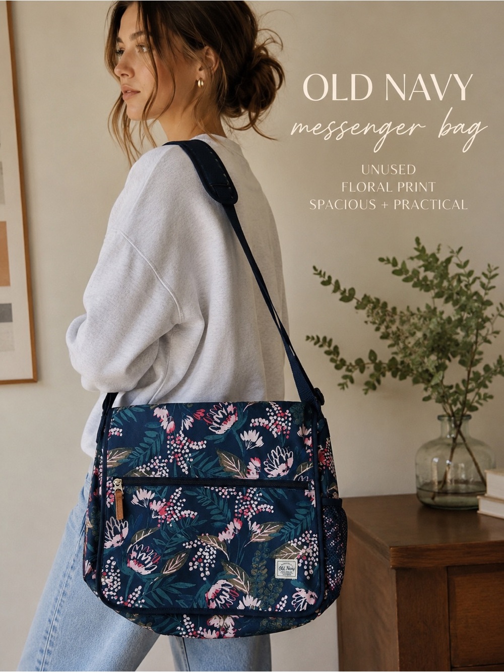 Old Navy Navy Floral Crossbody Messenger Bag Y2K